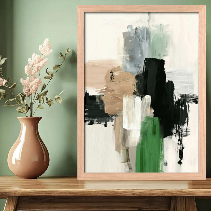 Cuadro Dormitorio Living Boho Abstracto Urban Moss Beige Oak Marco Marrón Claro