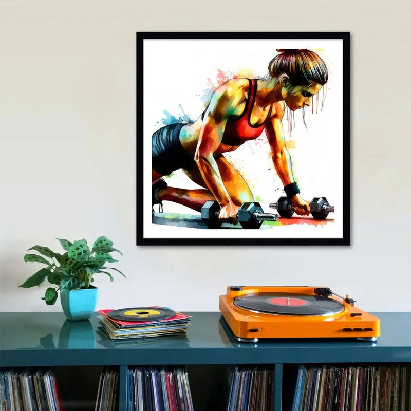 Cuadro Fitness Gym Musculacion Gimnasio Decoracion 33x33cm Ejercicio Con Mancuernas Con Marco Negro