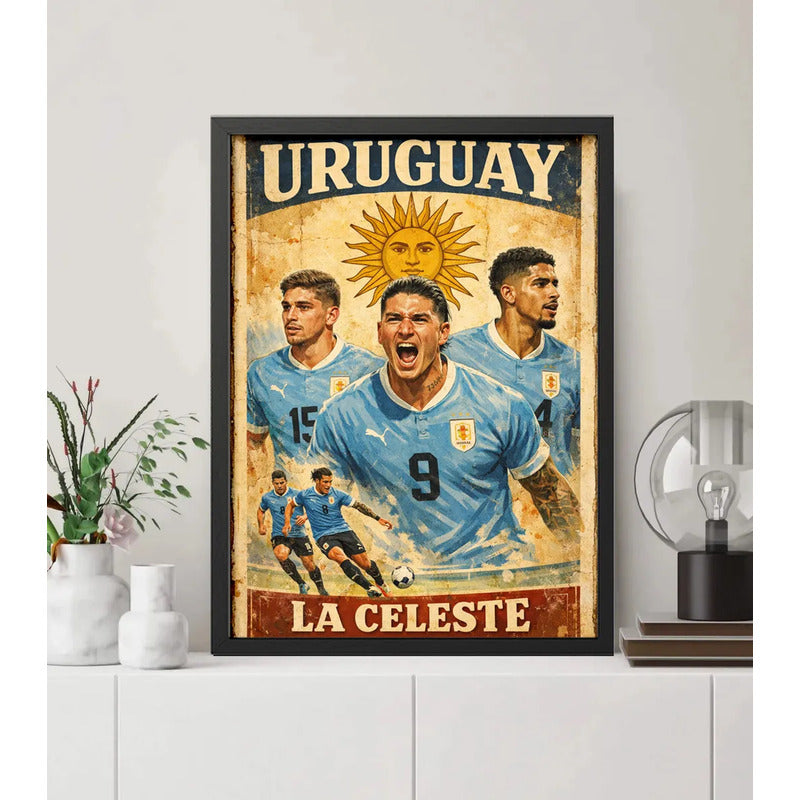 Cuadro La Celeste Seleccion Uruguay Fútbol 2026 Arte Retro Marco Negro
