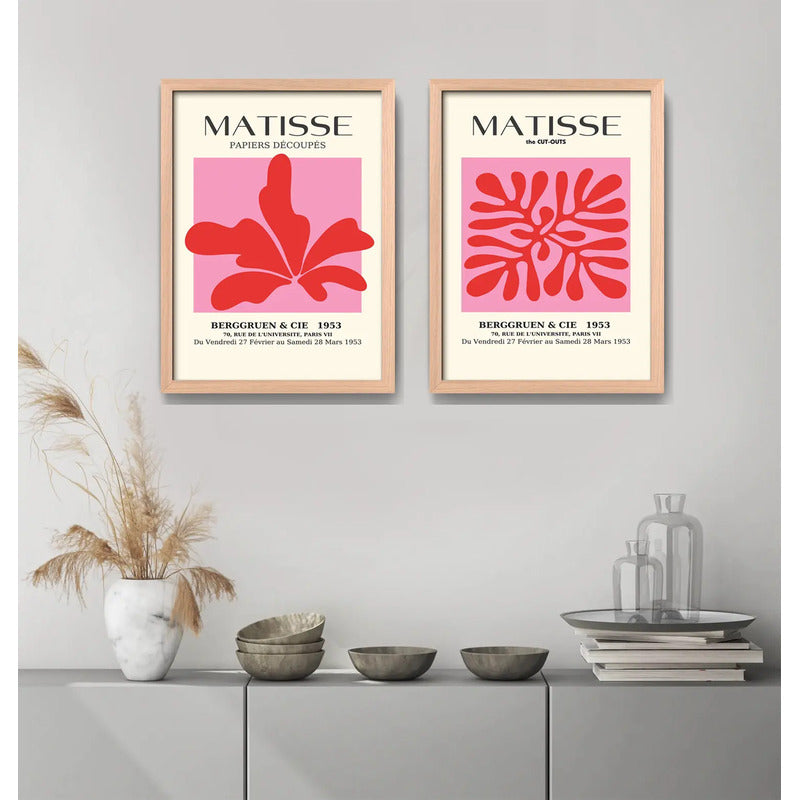 Set 2 Cuadros Dormitorio Living Matisse Tonos Rosa Pink Marco Marrón Claro