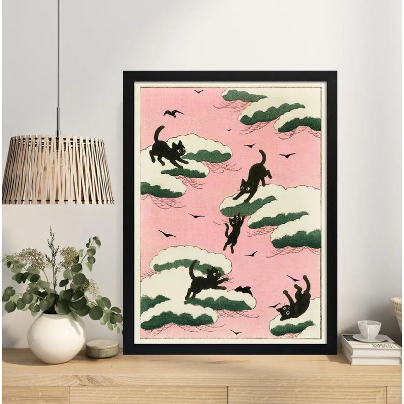 Cuadro Para Dormitorio Gatos En Nubes Rosa Suave Decoracion Marco Negro