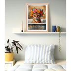 Cuadro Gato Flores Banera Bano Floral Pet Arte Marco Oak Marco Marrón Claro