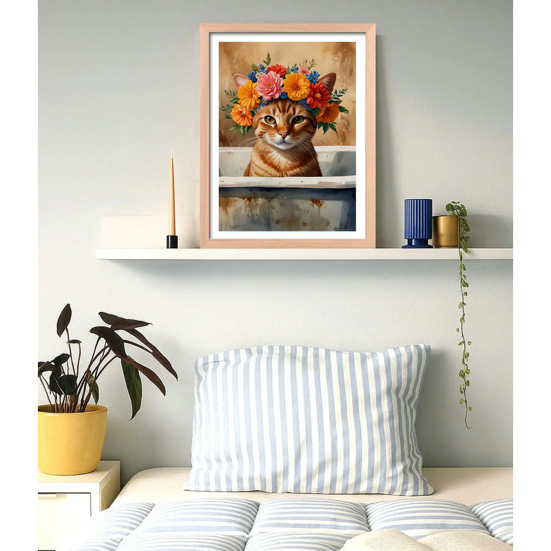 Cuadro Gato Flores Banera Bano Floral Pet Arte Marco Oak Marco Marrón Claro