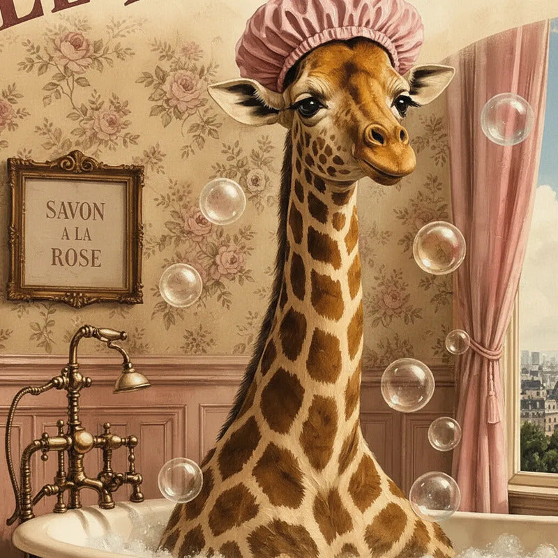 Cuadro Para Decoracion Bano Jirafa Paris Tonos Rosa 33x33cm Marco Blanco