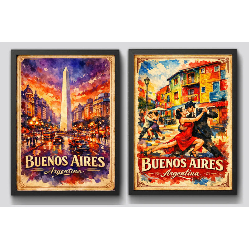 Set 2 Cuadros Buenos Aires Argentina La Boca Tango Retro Marco Negro
