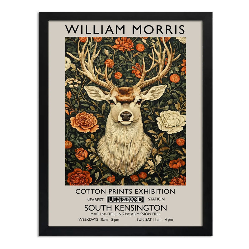 Cuadro Ciervo William Morris Arte Botanico Flores Exposición Marco Negro