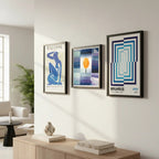 Set 3 Cuadros Para Living Cocina Estudio Tonos Azul Indigo Paul Klee Matisse Bauhaus Con Marco Negro