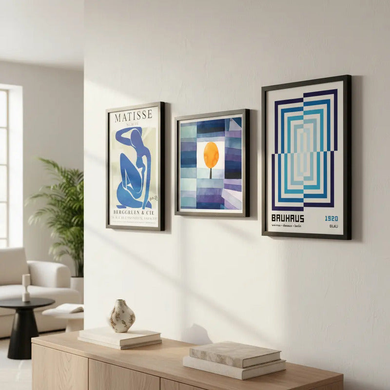 Set 3 Cuadros Para Living Cocina Estudio Tonos Azul Indigo Paul Klee Matisse Bauhaus Con Marco Negro