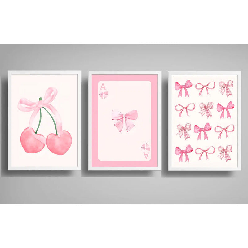 Set 3 Cuadros Rosa Pink Tendencia Lazos Fashion Coquette Marco Blanco