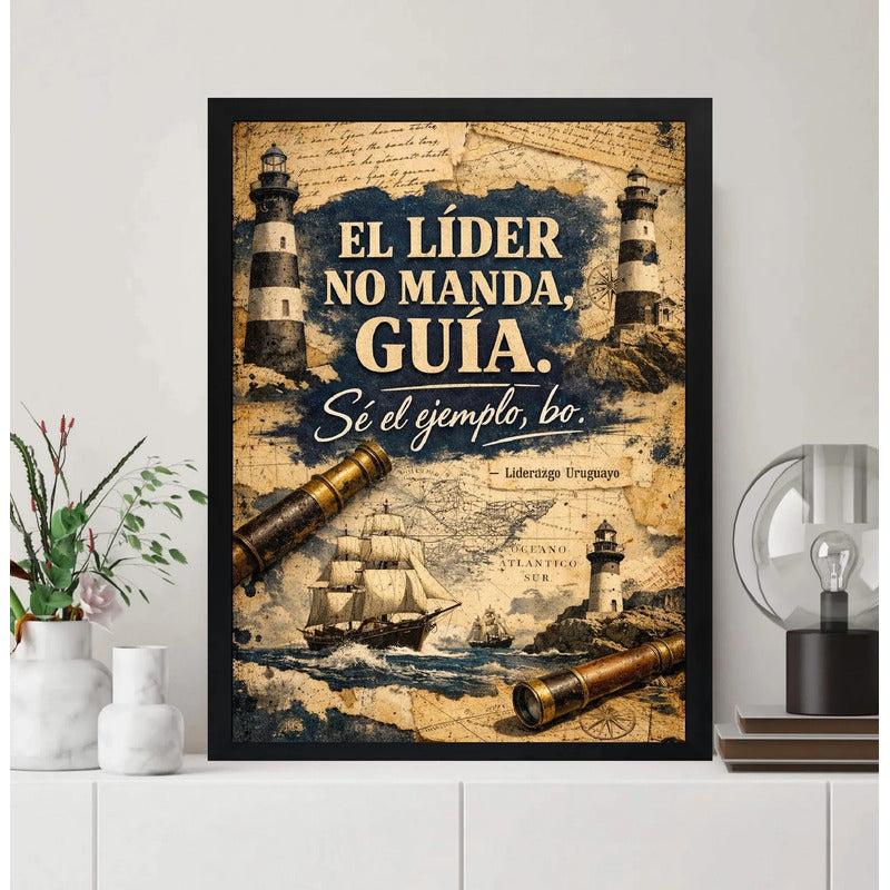 Cuadro Frase Motivacional Retro Coach El Líder No Manda Guía Marco Negro
