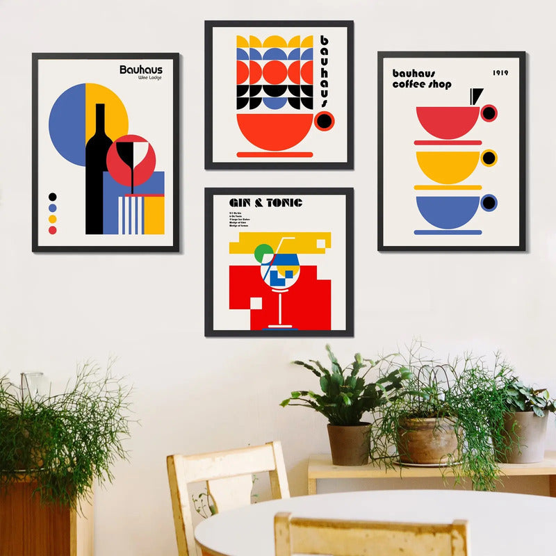 Wall 4 Cuadros Para Cocina Comedor Living Decoracion Moderna Bauhaus Vino Cafe Gin Tonica Con Marco Negro