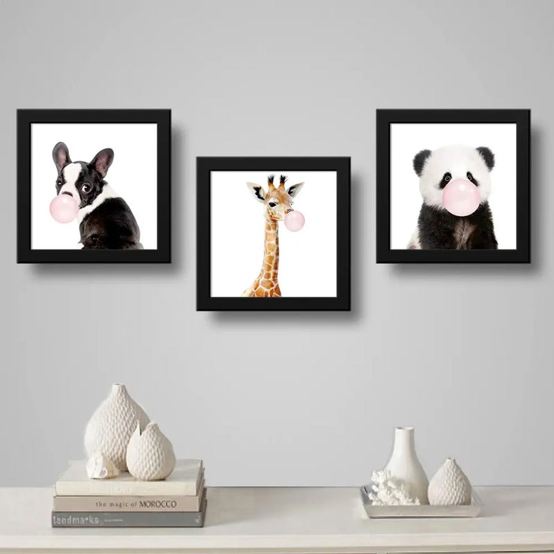 Set 3 Cuadros Panda Jirafa Perro Chicle Animales Decoracion