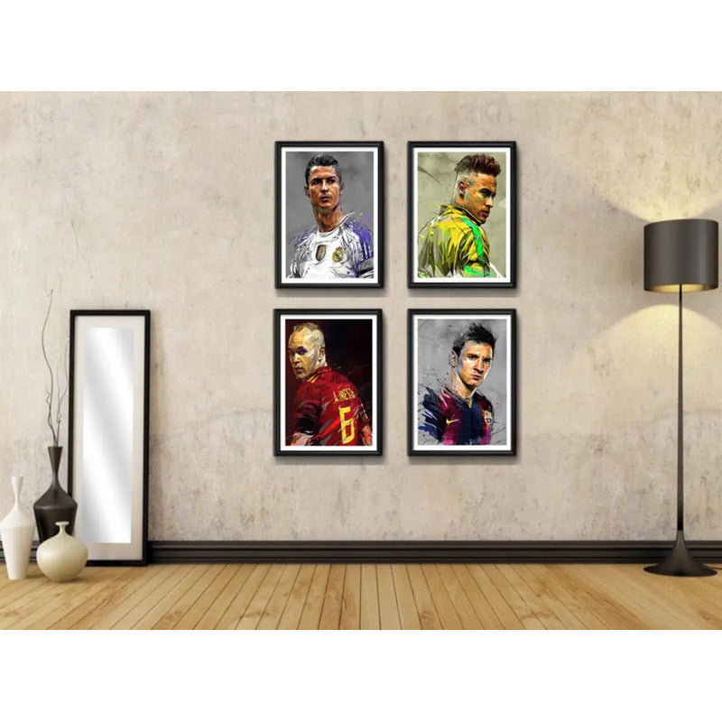 Set 4 Cuadros Messi Neymar Cristiano Ronaldo Iniesta Fútbol