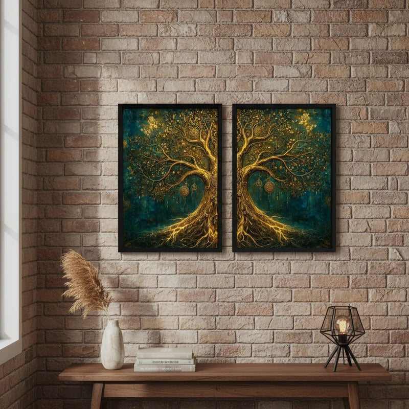 Set 2 Cuadros Arbol De La Vida Tonos Dorados Mural Díptico Marco Negro