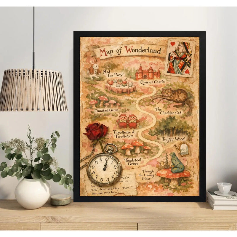 Cuadro Alicia País Maravillas Pelicula Arte Mapa Wonderland Marco Negro
