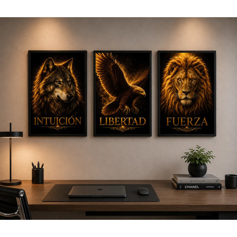 Set 3 Cuadros Motivacional Lobo León Águila Brs4 Oficina Marco Negro