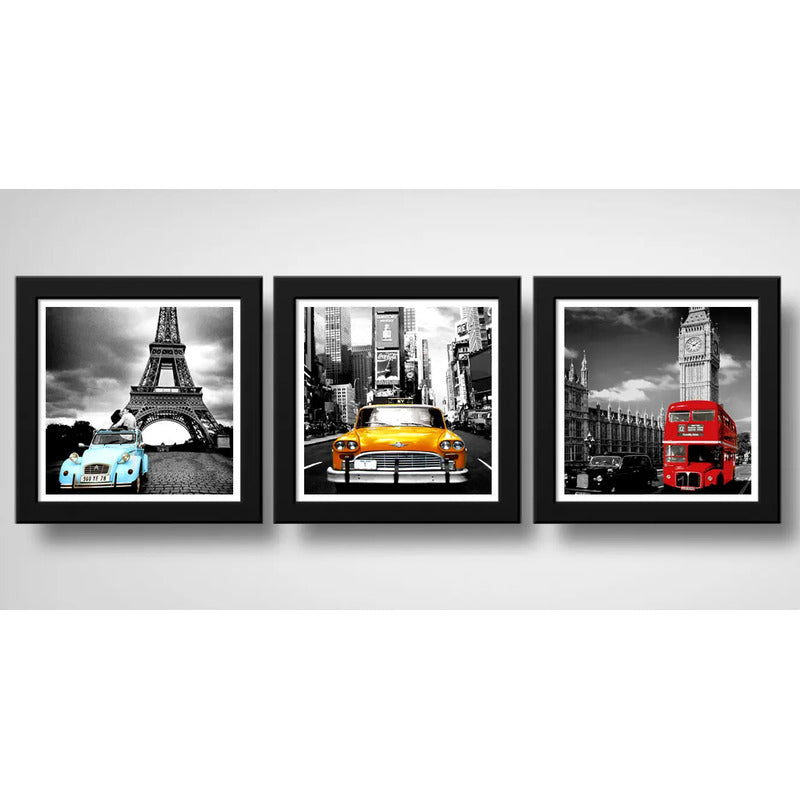 Set 3 Cuadros Nueva York Paris Londres Retrô Arte Decoracion
