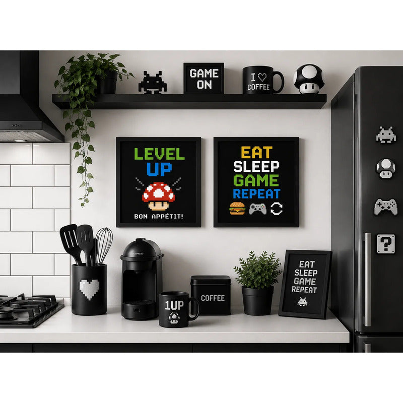 Set 2 Cuadros Cocina Geek Game Bon Appetit Frase Videojuego Marco Negro