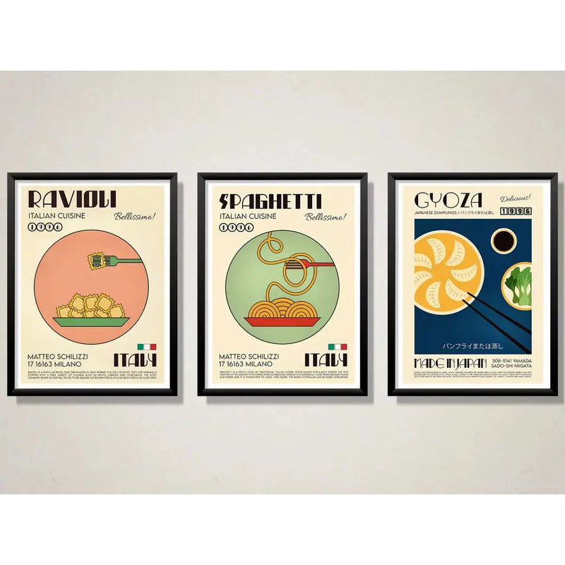 Set 3 Cuadros Comidas Del Mundo Decoracion Cocina Gourmet Marco Negro