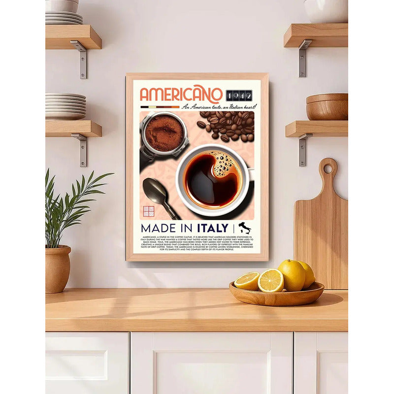 Cuadro Cafe Americano 1942 Italia Cocina Vintage Marco Oak Marco Marrón Claro