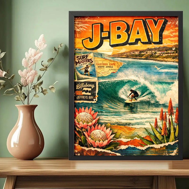 Cuadro Surf Jeffreys Bay Arte Retro Olas Famosas Del Mundo Marco Negro