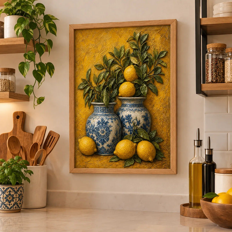 Cuadro Living Cocina Comedor Jarrón De Limones Textura 3d Marco Marrón Claro