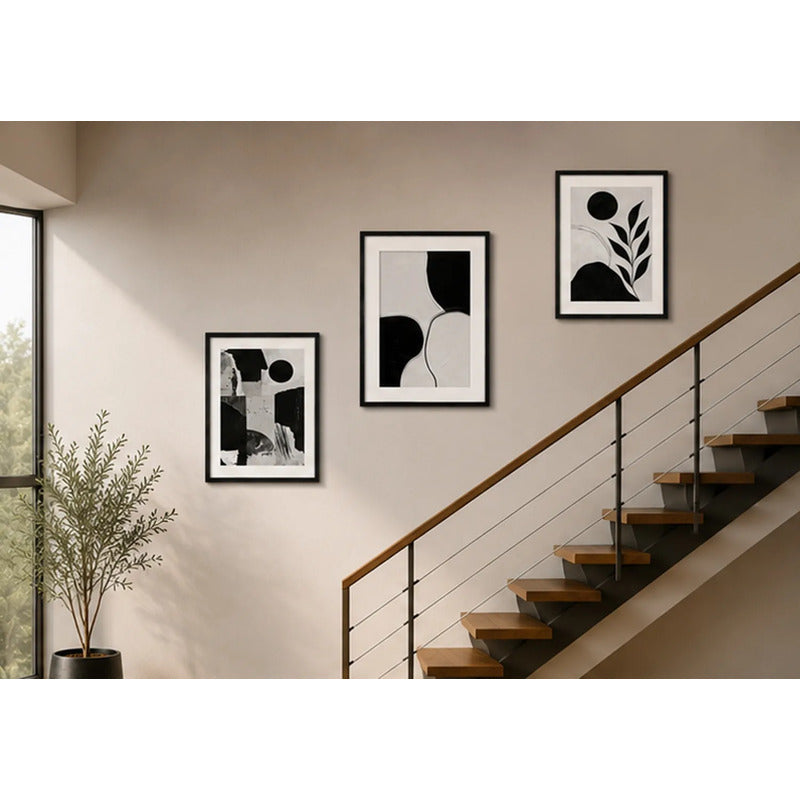 Set 3 Cuadros Living Escalera Pasillo Abstracto Blanco Negro Marco Negro