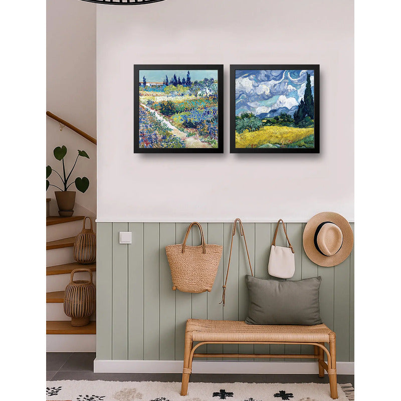Set 2 Cuadros Van Gogh Jardín Arlés Y Campo Cipreses 33x33cm Marco Negro