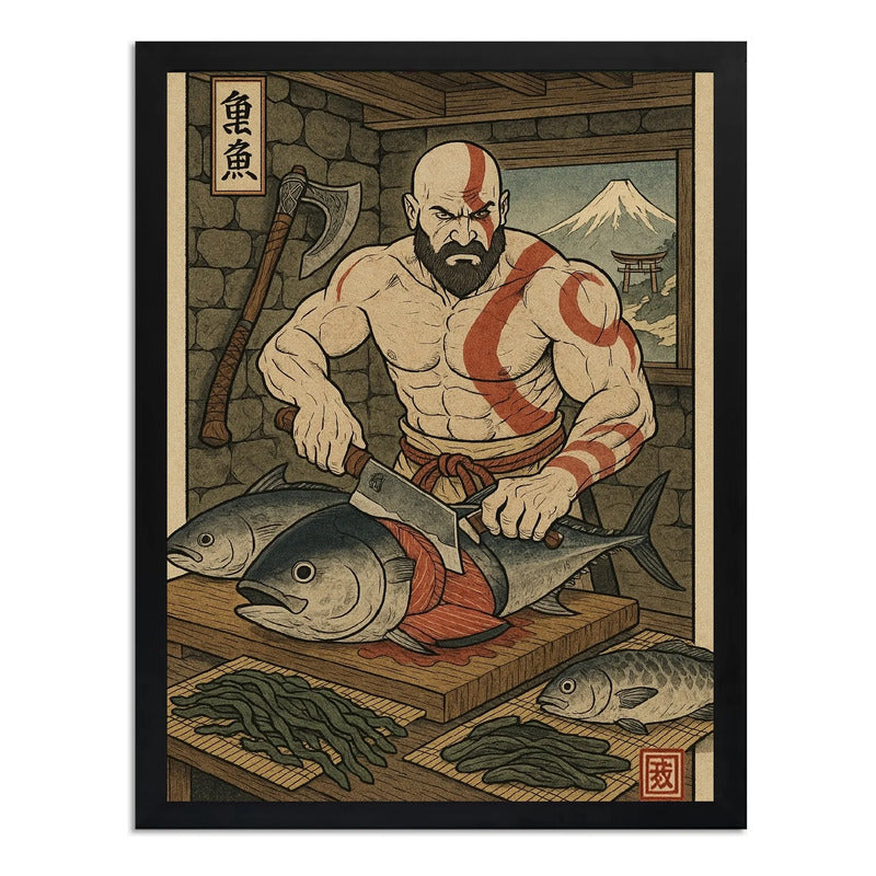 Cuadro Kratos Chef Sushi Cocina Japón Fuji Game God Of War Marco Negro