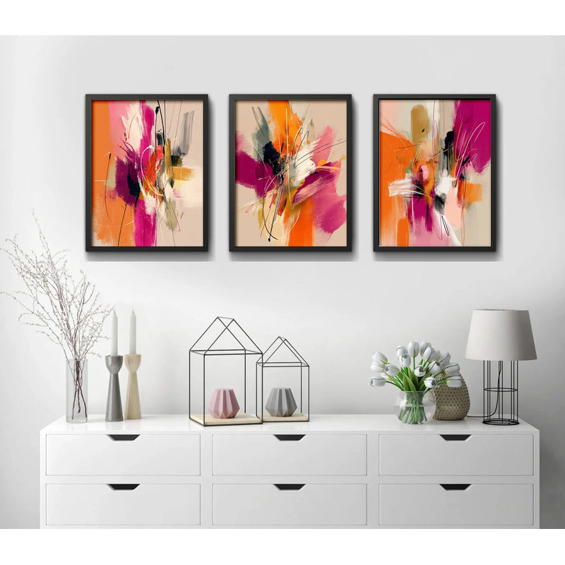 Set 3 Cuadros Dormitorio Living Abstracto Arte Expresionista Marco Negro