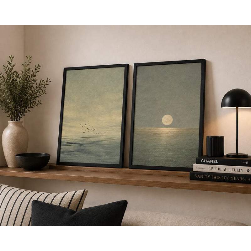 Set 2 Cuadros Living Dormitorio Paisaje Abstracto Sunset Marco Negro