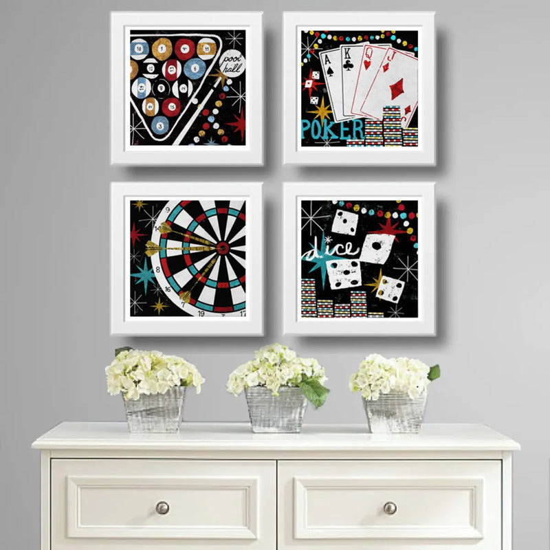 Set 4 Cuadros Juegos Billar Poker Cartas Dardos Dados Ruleta