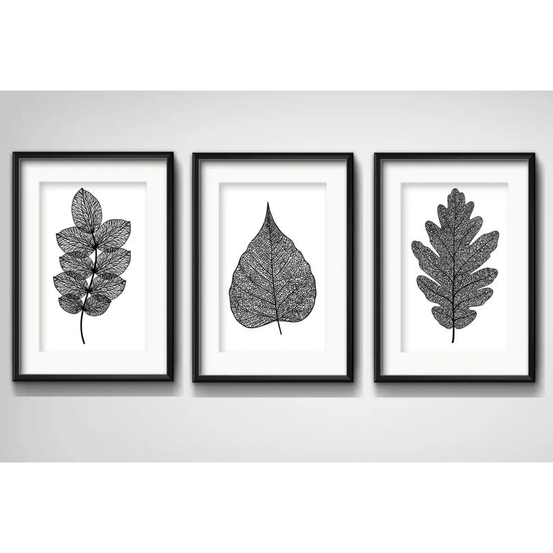 Set 3 Cuadros Hojas Minimalista Blanco Y Negro Arte Paspartú