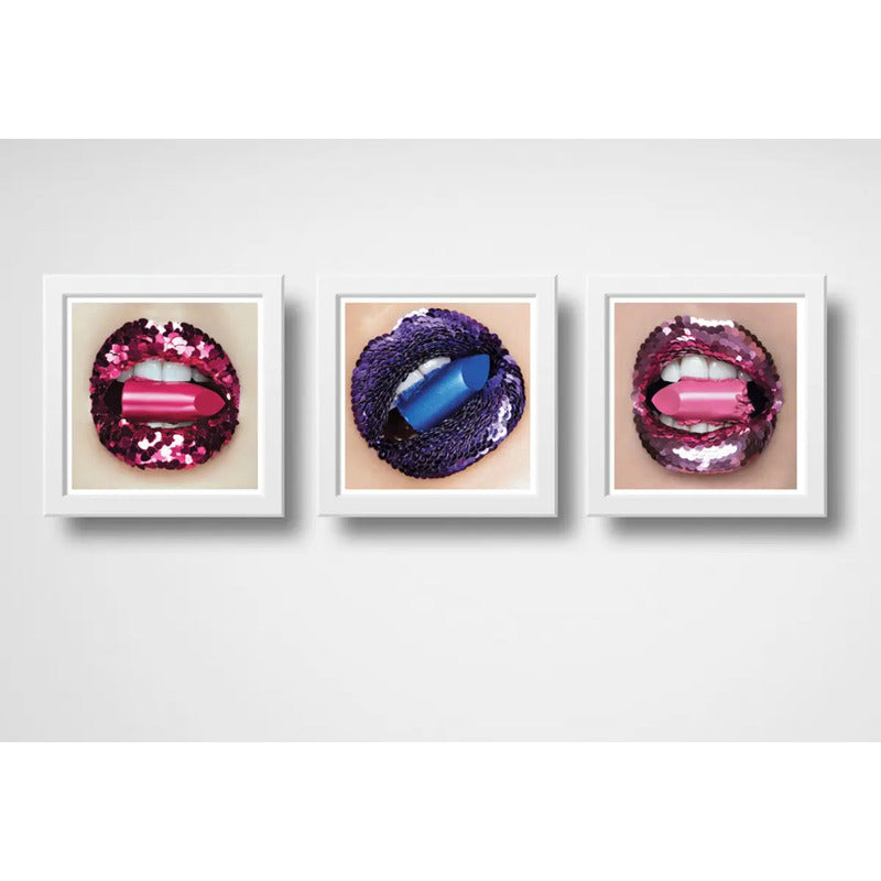 Set 3 Cuadros Fashion Boca Diamantes Joyas Salon Decoración
