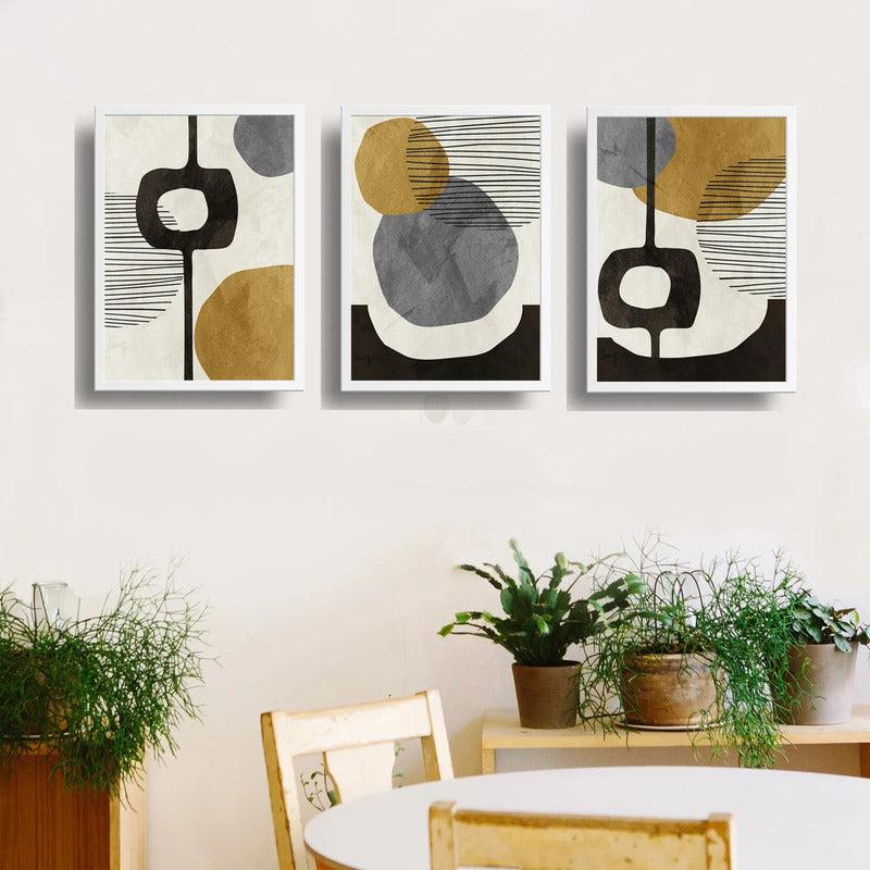 Set 3 Cuadros Dormitorio Living Boho Abstract Tonos Terrosos Marco Blanco