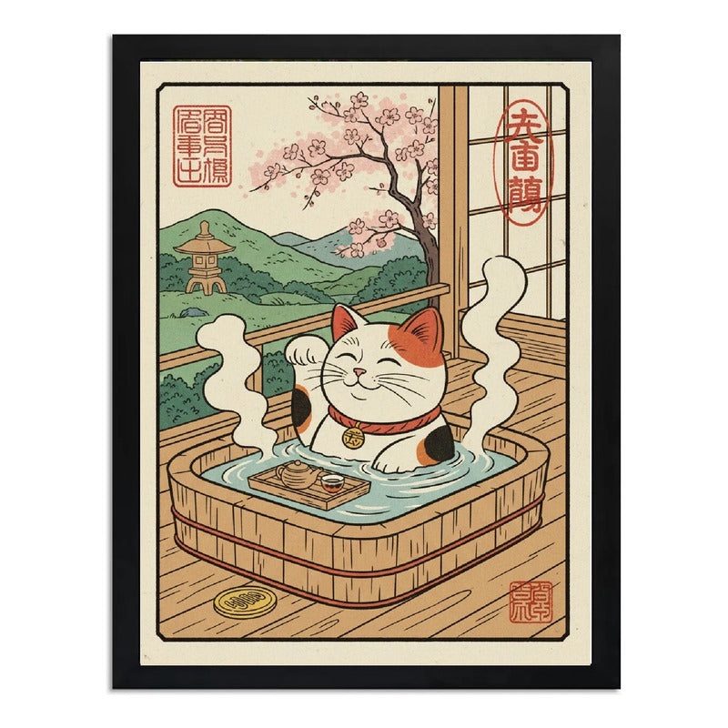 Cuadro Bano Gato De La Suerte Banera Spa Flores Cerezo Japón Marco Negro
