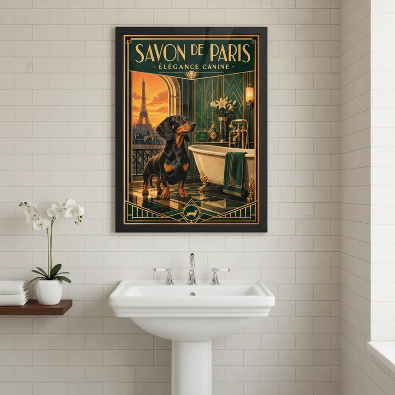 Cuadro Baño Paris Elegante Perro Salchicha Dachshund Marco Negro
