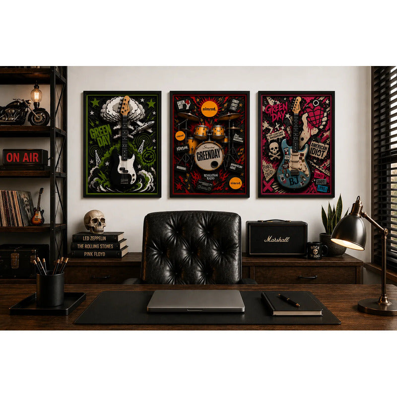 Set 3 Cuadros Green Day Punk Rock Instrumentos Musicales Marco Negro