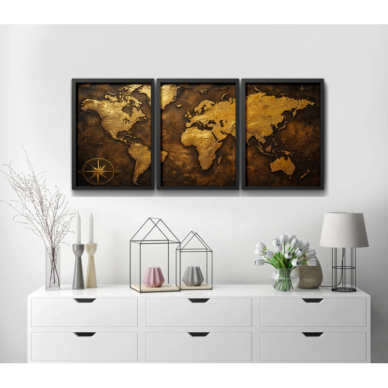 Set 3 Cuadros Mapamundi Mapa Mundo Brs2 Decoracion Oficina Marco Negro