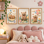 Set 3 Cuadros Infantil Bebe Carpincho Globos Flor Efecto 3d Marco Madera Oak Madera Clara