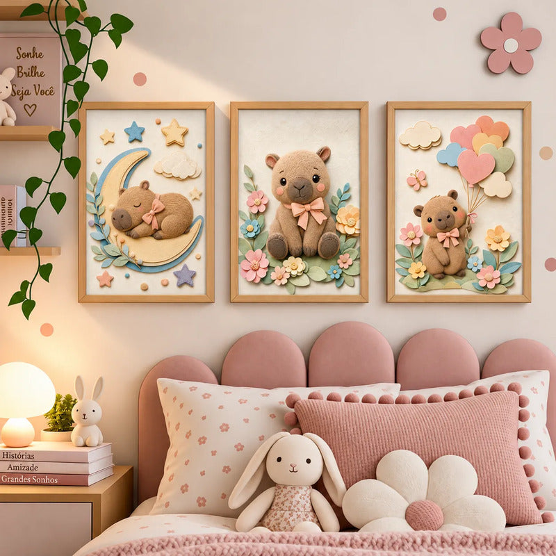 Set 3 Cuadros Infantil Bebe Carpincho Globos Flor Efecto 3d Marco Madera Oak Madera Clara
