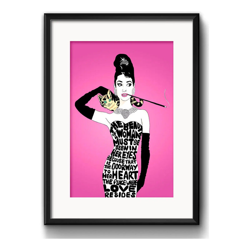 Cuadro Audrey Hepburn Pop Art Gato Fashion Con Paspartu Marco Negro