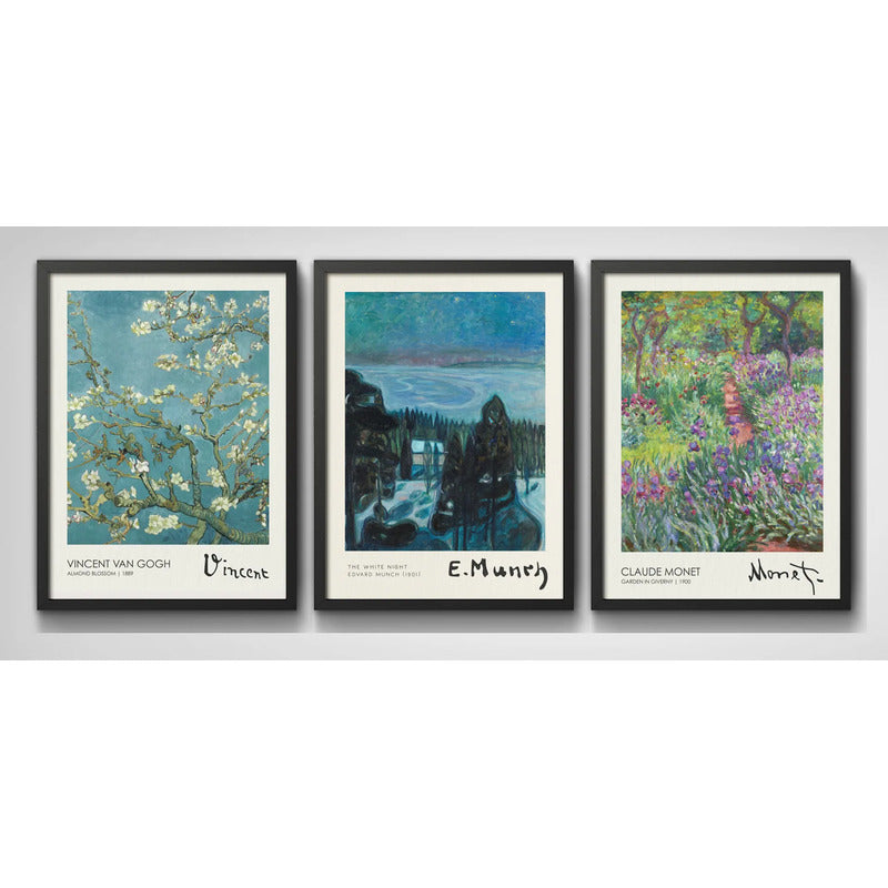 Set 3 Cuadros Living Dormitorio Monet Gogh Munch Obras Arte Marco Negro
