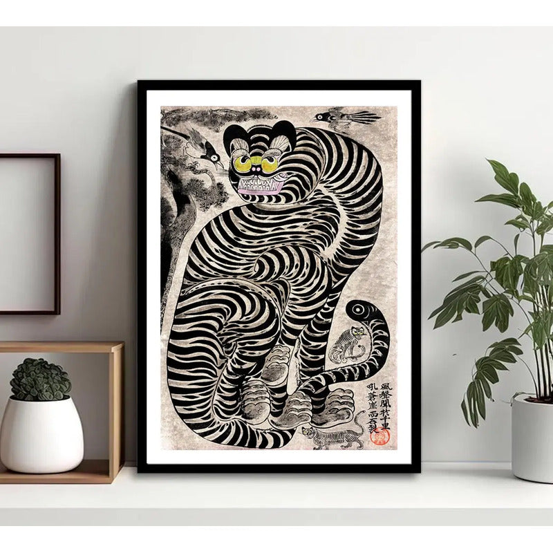 Cuadro Minhwa Tigre Talismánico Arte Folclórico Coreano Marco Negro
