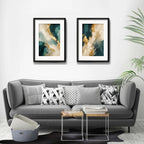 Set 2 Cuadros Boho Arte Abstracto Azul Petroleo Con Paspartu 53x43cm Cada Cuadro Negro
