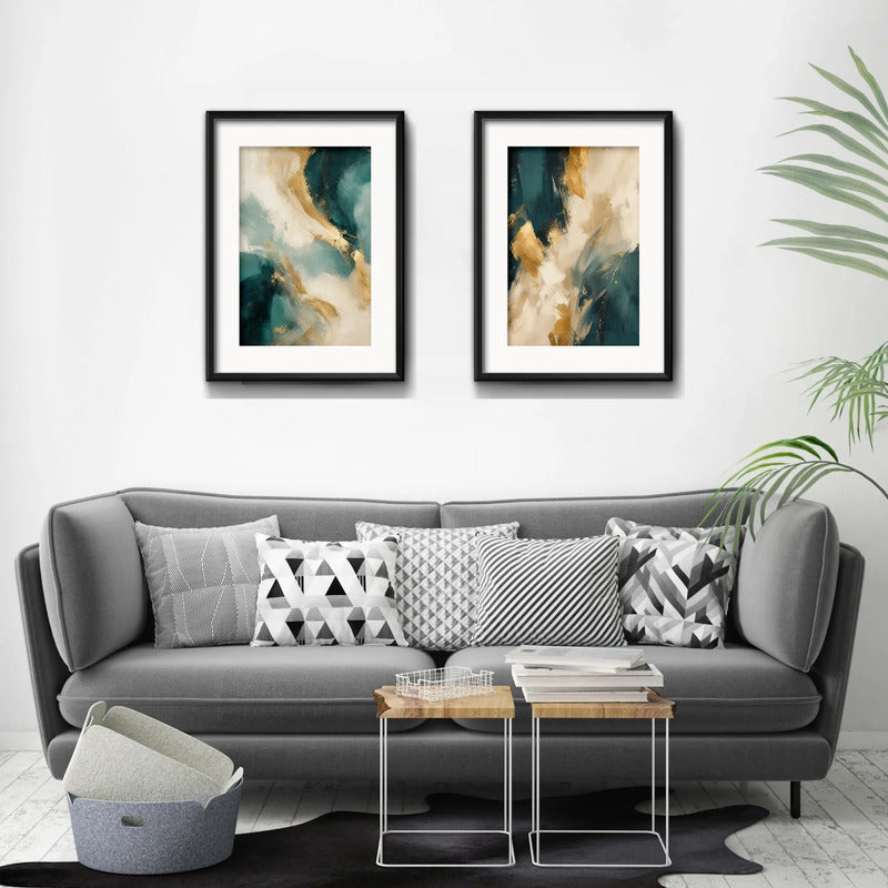 Set 2 Cuadros Boho Arte Abstracto Azul Petroleo Con Paspartu 53x43cm Cada Cuadro Negro