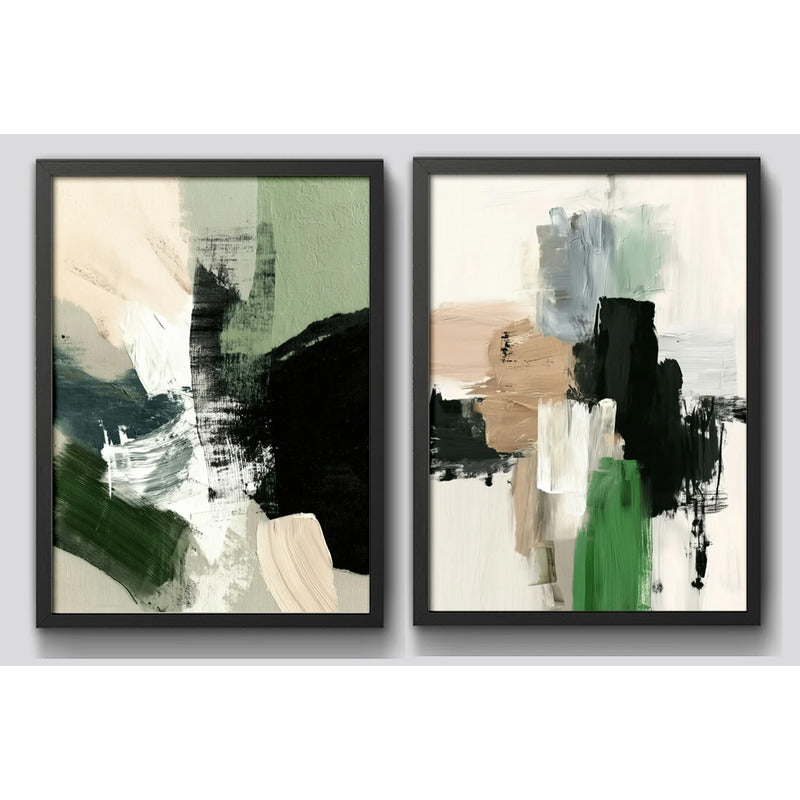 Set 2 Cuadros Dormitorio Living Abstracto Mossy Calm 2 Verde Marco Negro