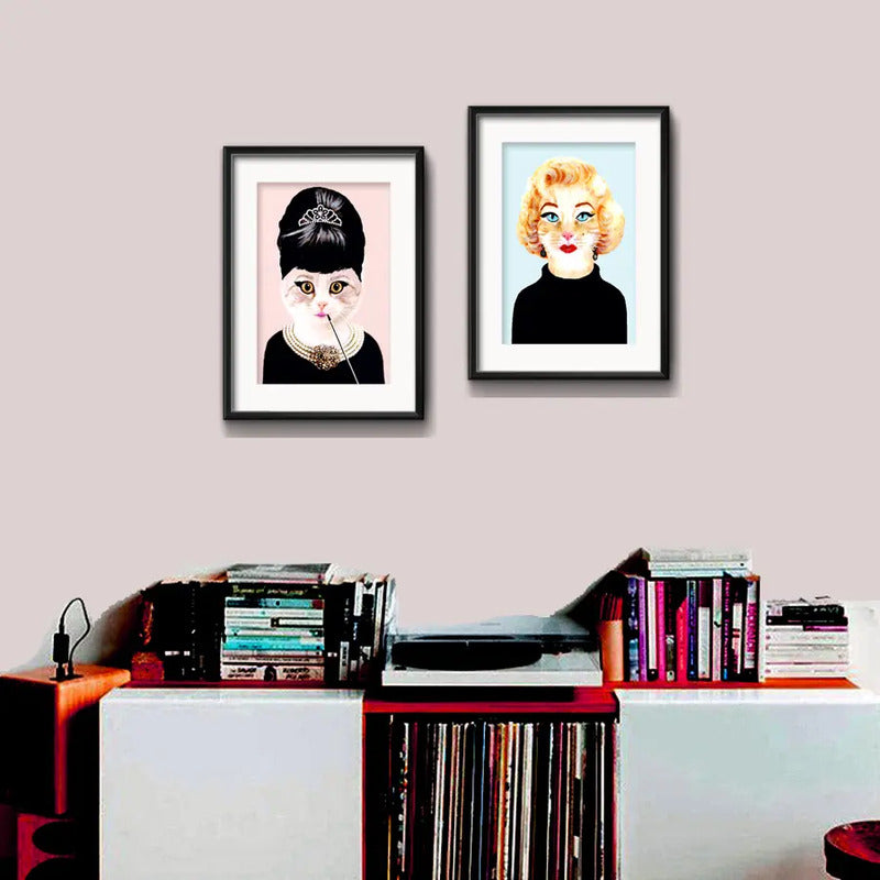 Set 2 Cuadros Gatas Marilyn Monroe Audrey Hepburn Paspartu