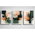 Set 3 Cuadros Dormitorio Living Abstracto Arte Verde Durazno Marco Blanco