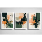Set 3 Cuadros Dormitorio Living Abstracto Arte Verde Durazno Marco Blanco
